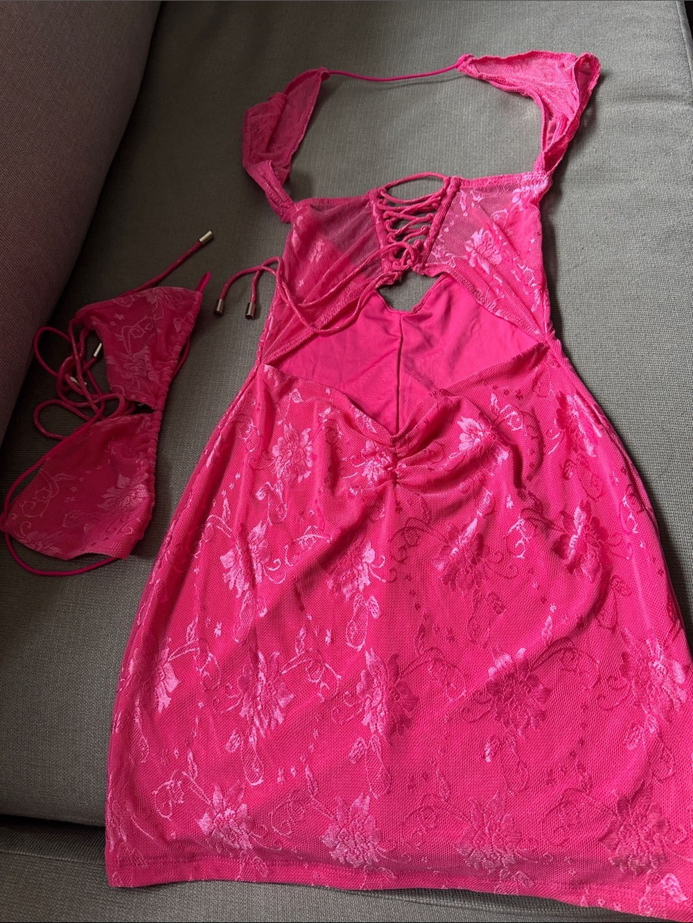 Hot Pink Lace-Up Mini Dress with Floral Jacquard